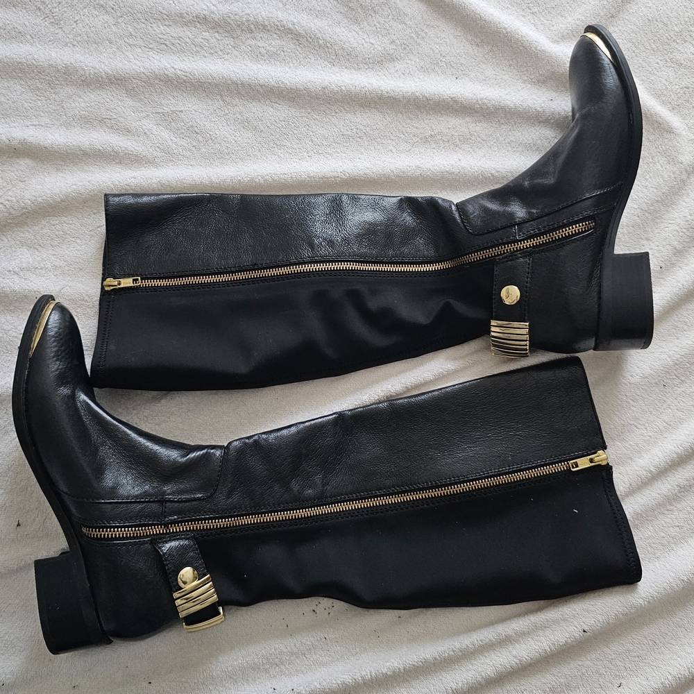 Steve Madden 7.5W Black Leather Knee High Boots w/ Heel& Golden Zipper & Accents